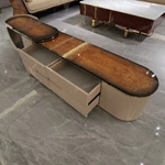 Light Luxury TV Stand with Curved Natural Wood Veneer Finish and Pull-Out Side Storage
